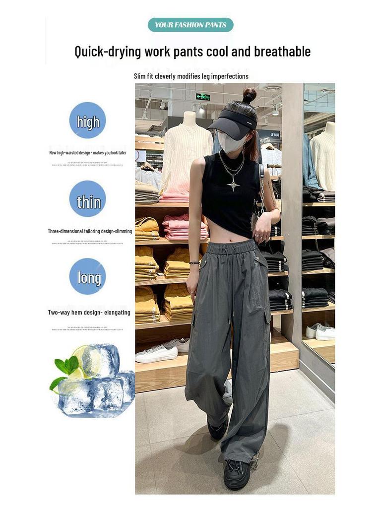 Women's Retro Quick-Dry Cargo Joggers - Summer Ice Silk, Multi-Pocket, Windproof, Wide Leg Hiking Pants