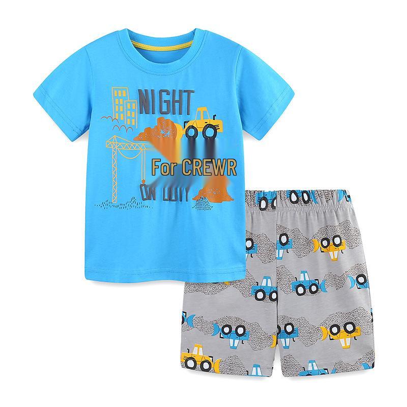 Kids' Summer Cotton Knit Tracksuit - Cartoon Crew Neck 2-Piece Set for Boys