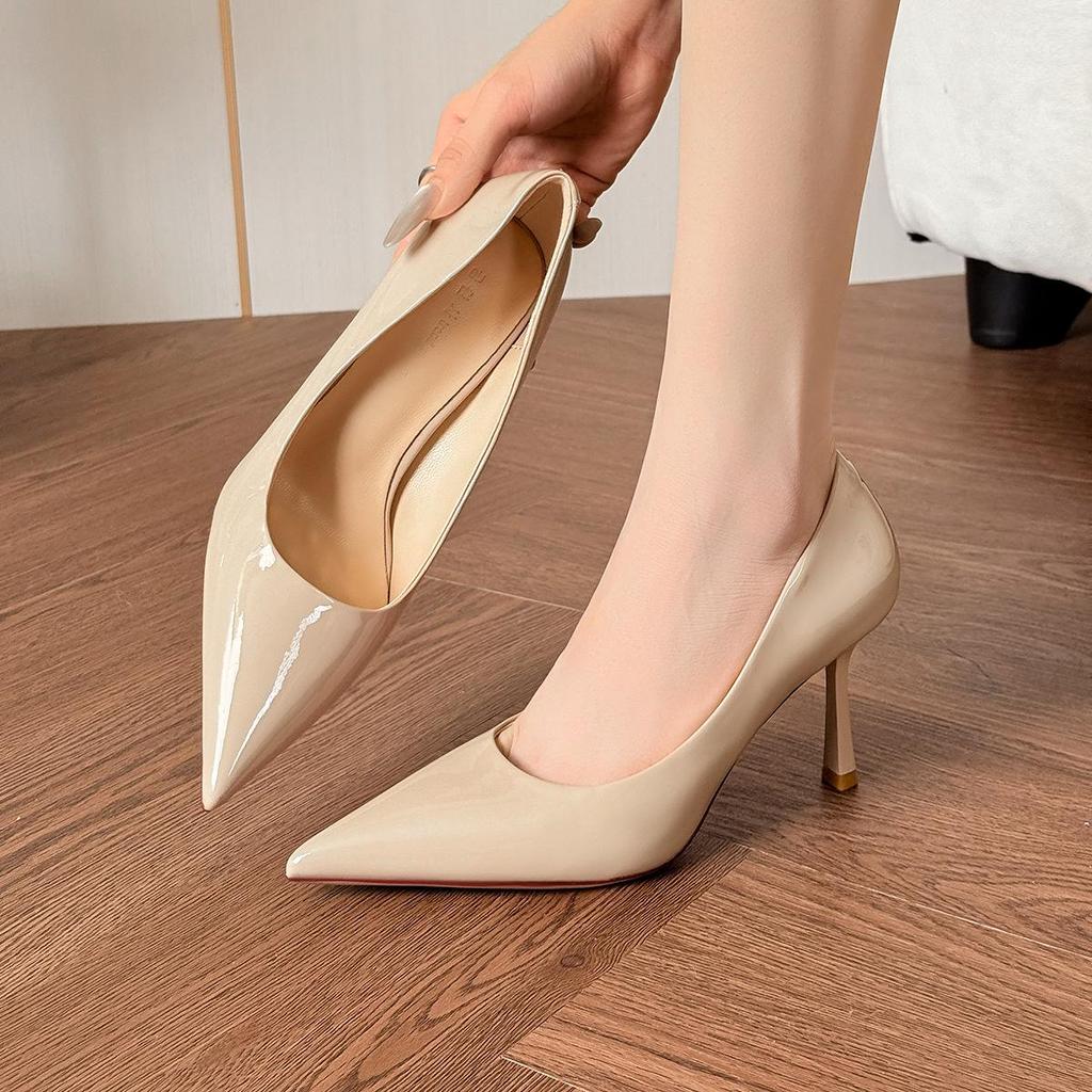 Women's Nude Patent Leather Pointed Toe Stiletto Heels - Comfortable, Low-Cut, Professional Work Shoes