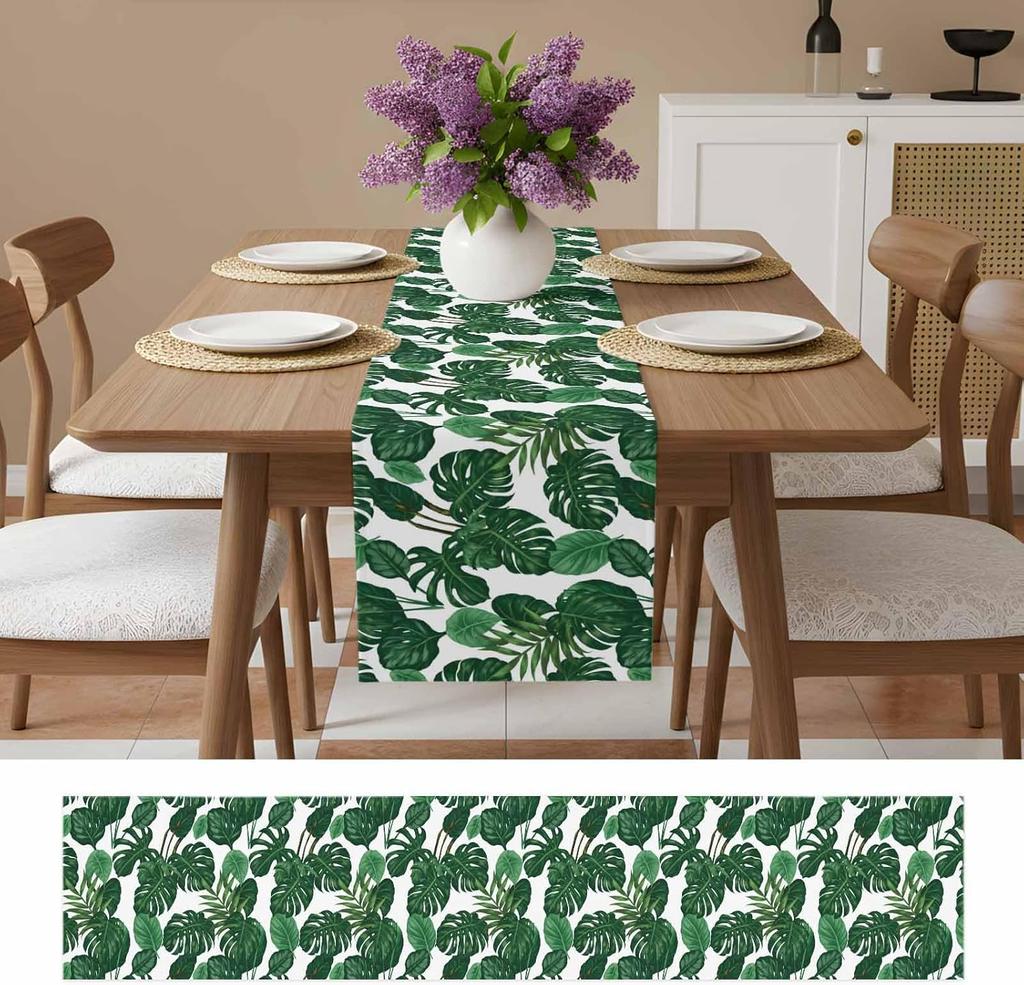 Summer Tropical Palm Leaf Linen Table Runner Party Decor Reusable Farmhouse Kitchen Dining Table Runner Wedding Decorations