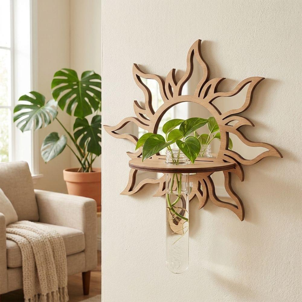 Mushroom House Wood Wall Mount Flower Shelf Mirror Hanging Plant Panel Balcony Decor