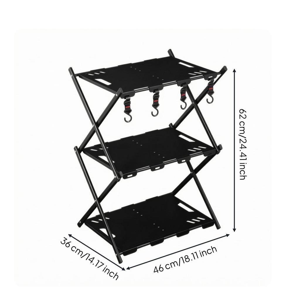 Foldable 3-Tier Rack Crossed Side Supports Storage Shelf Hanging Hooks