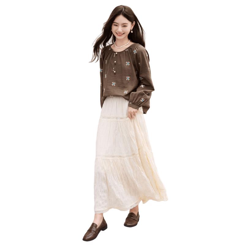 Xiangying Women s Lyocell-Linen Blend Embroidered Floral Long-Sleeve Shirt M