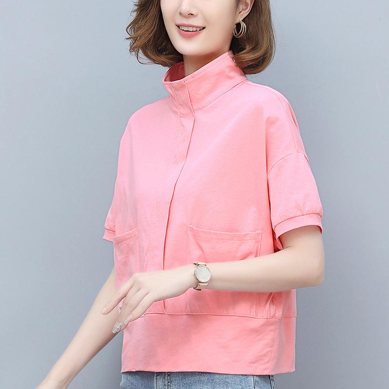 

Женский летний хлопковый свитшот с коротким рукавом и свободной посадкой на молнии до середины для мам среднего возраста 2XL розовый