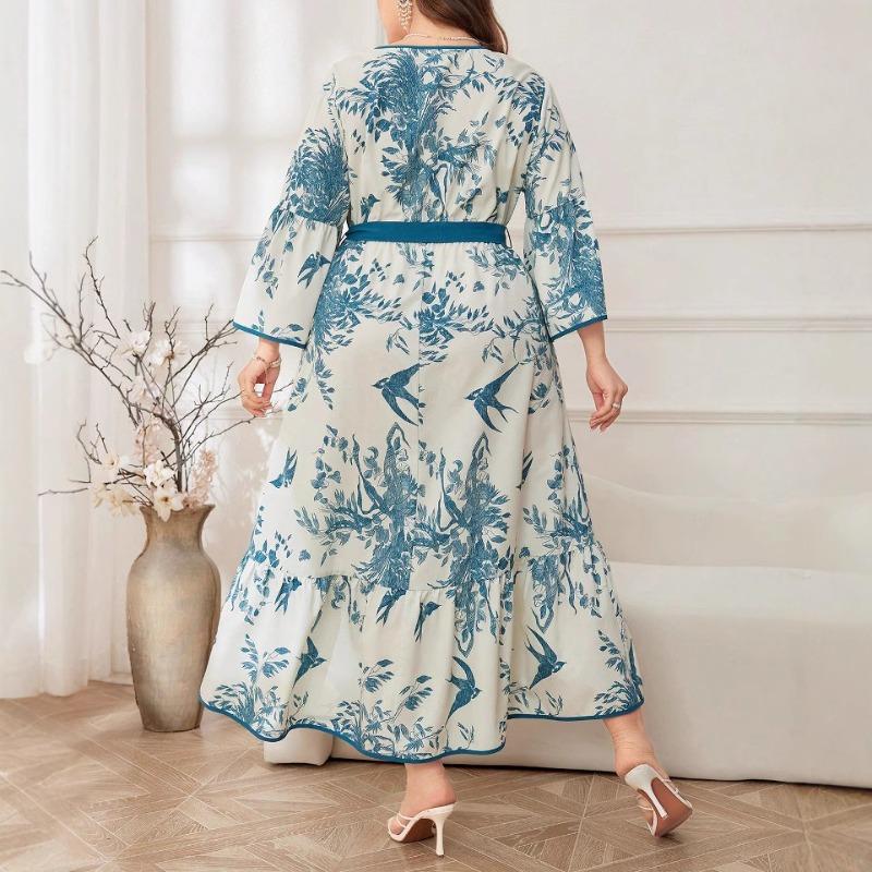 Plus Size Women's Autumn New Fashion Print Temperament Commuter V Neck Swing Mid Length Dress