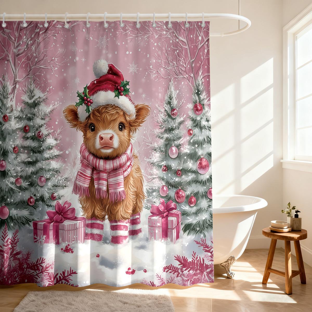 

1Pc Valentine S Day Pink Romantic Highland Cow Print Waterproof Shower Curtain Partition Privacy Hanging Curtain 12 Hooks W60H190(CM)-1 Pcs