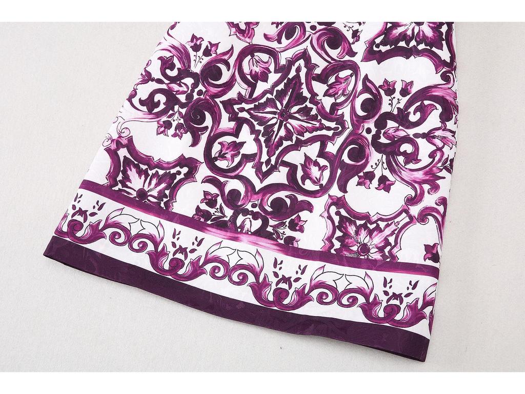 Elegant Purple Floral Jacquard Cotton A-Line Vest Dress
