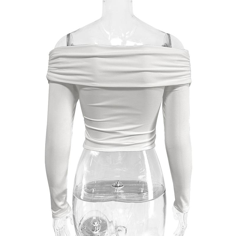 Damska seksowna bluzka z głębokim dekoltem w serek, długimi rękawami, plisami i odkrytymi ramionami