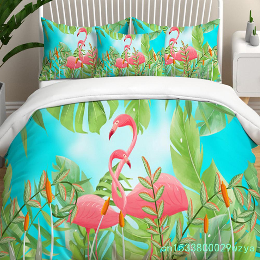 Modern Flamingo Pineapple Print Bedding Set Queen Tropical Plants Leaves Flowers Duvet Cover Hawaiian Islands Floral Pillowcases