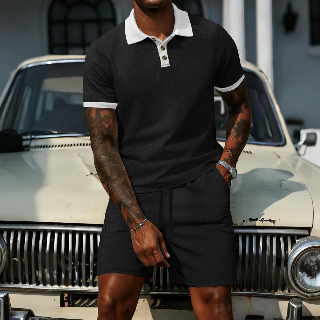 Men's Spring Jacquard Lapel Polo Shirt & Color Block Short Pants Set - Mature Casual Style