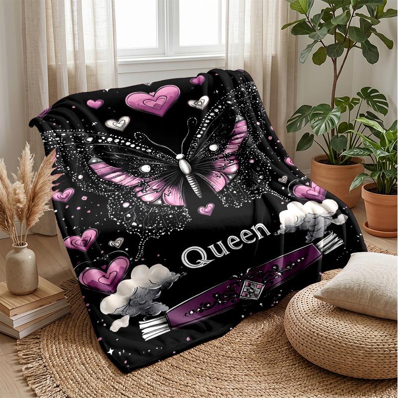 Purple Butterflies and Roses Theme Blanket Lightweight Warm Flannel Blanket Decorative Throw Blanket for Home Decoration