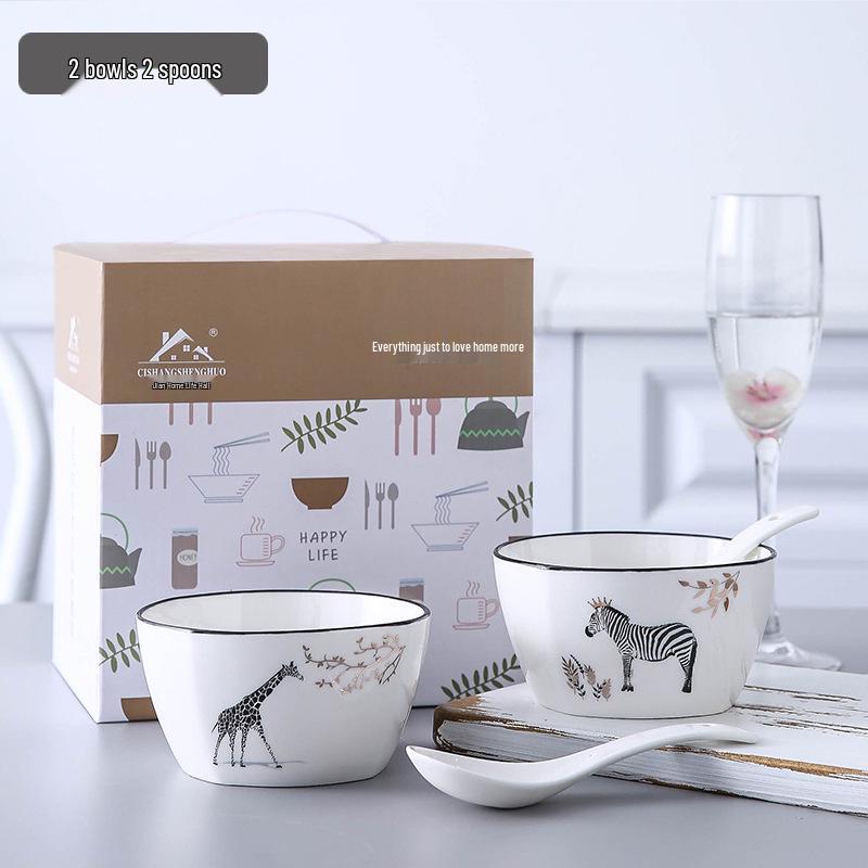 

Creative Cartoon Animal Ceramic Bowl & Spoon Set with Black Line - Tableware Gift Box