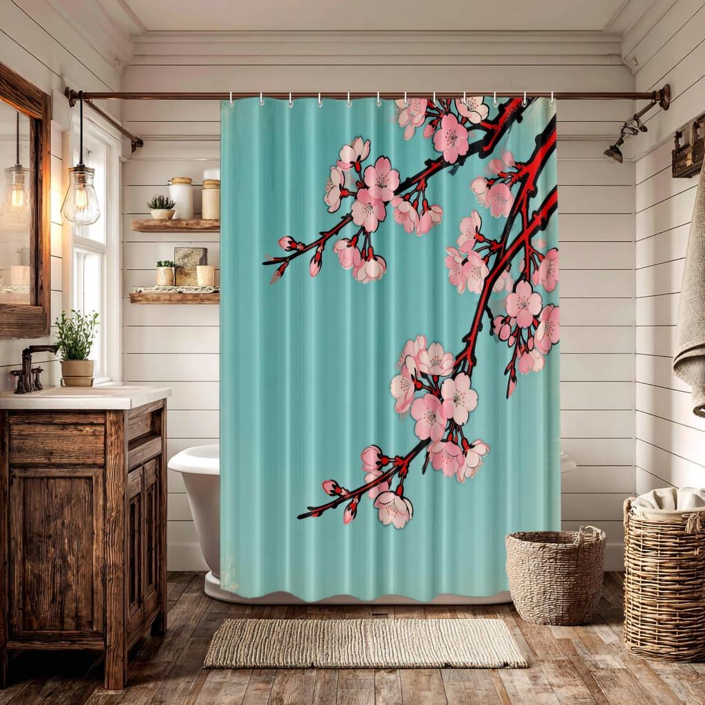 Pink Cherry Blossom Branch Print Waterproof Shower Curtain 180x200cm - Japanese Style Art Print Bath Curtain for Home Decor