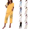 Women Casual Loose Fit Short Sleeve V Neck T Shirt and Cropped Pants Set Lightweight Soft Fabric Comfortable Loungewear Pajama Set