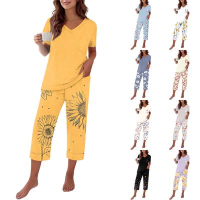 Dames Casual Losse Pasvorm Korte Mouw V-hals T-shirt en Cropped Broek Set Lichtgewicht Zachte Stof Comfortabele Loungewear Pyjama Set