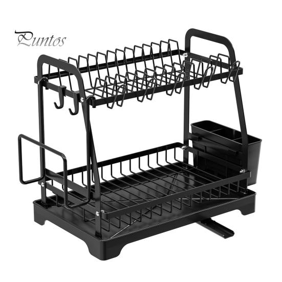 Стеллаж для хранения двухъярусная сушилка для посуды большая вместимость простая установка устойчивая к ржавчине кухонная столешница для посуды со сливом чёрный 3860₽