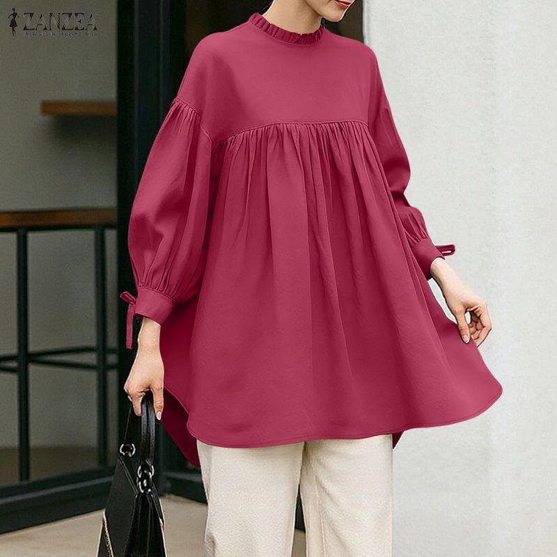 

ZANZEA Жіноча блузка з круглим вирізом, однотонна, вільного крою, з довгим рукавом, повсякденна S камея рожевий колір