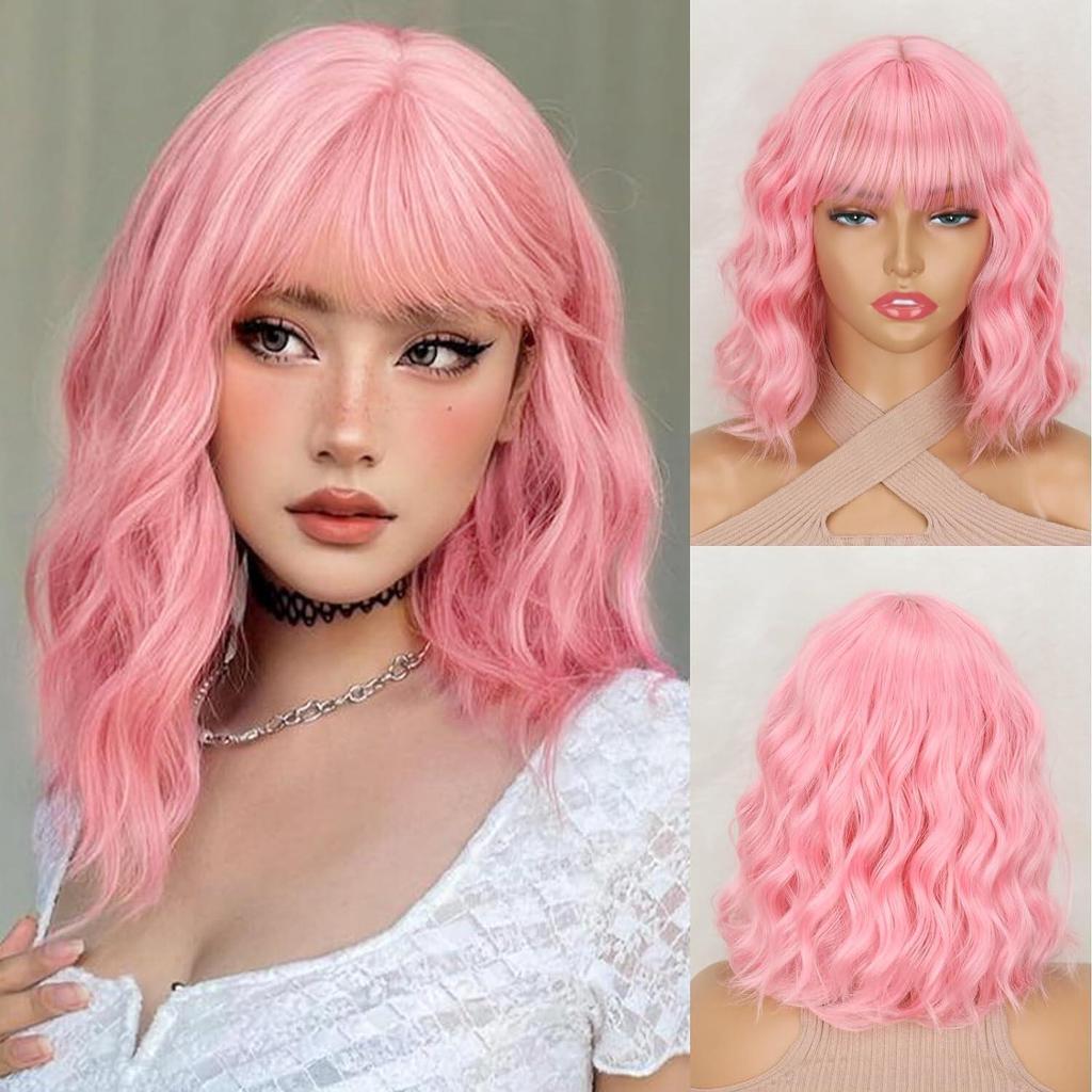 Short Pink Wigs for Women Short Wavy Light Pink Wigs with Bangs
