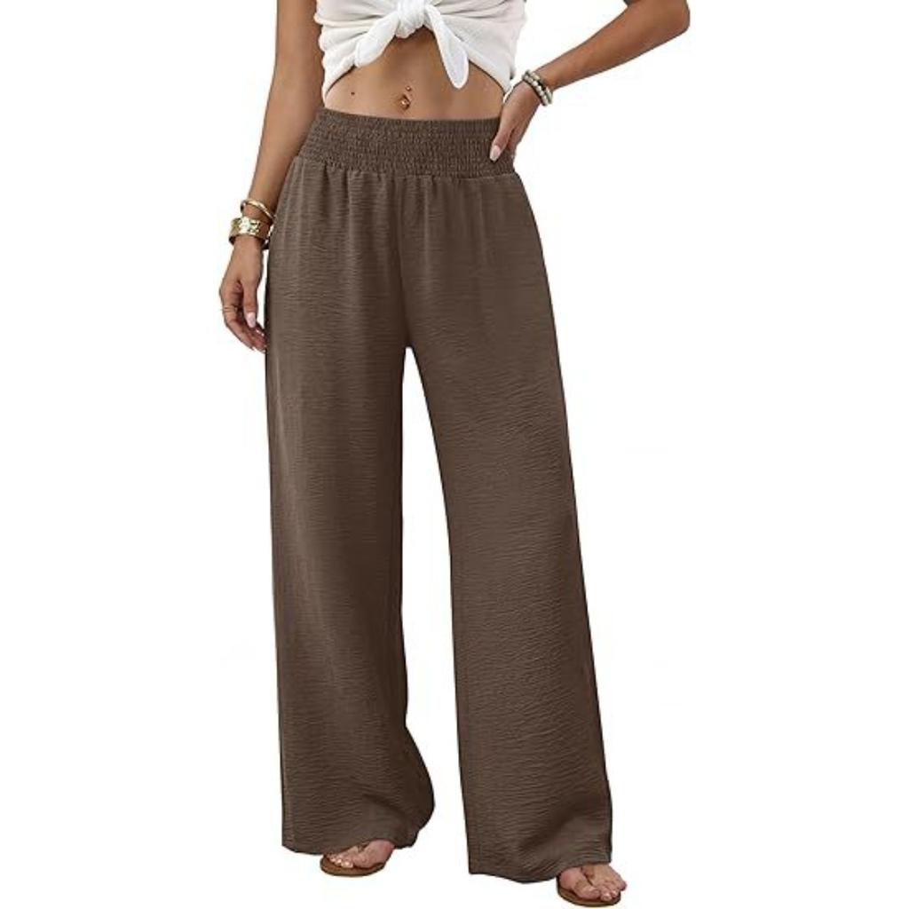 Damen High Waist Geraffter Elastischer Bund Weiter Bein Lockerer Schnitt Freizeithose