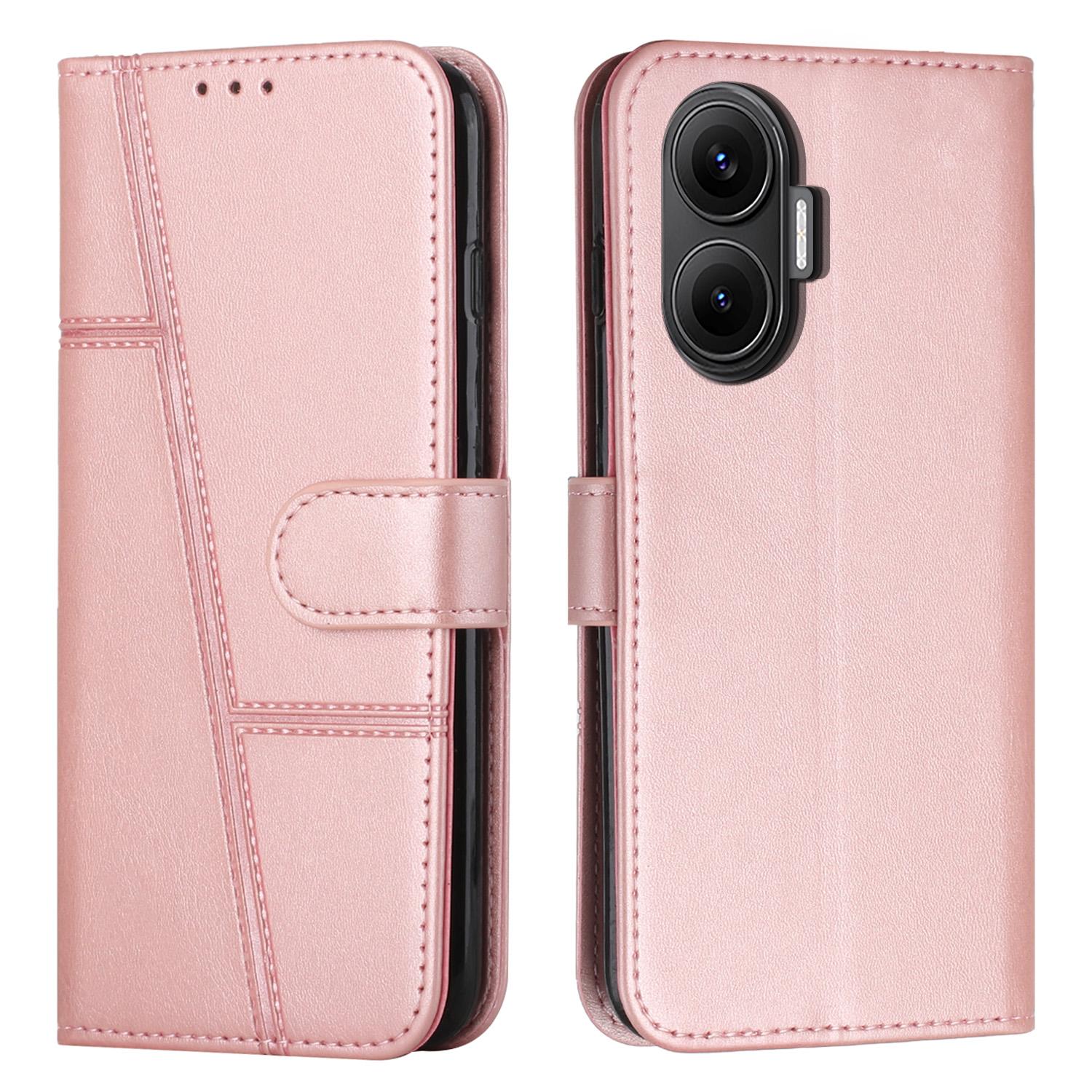 

For Xiaomi Poco F7 5G/Redmi Turbo 4 Pro 5G Leather Phone Case Foldable Stand Wallet Flip Cover with Strap Rose Gold