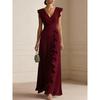 Elegant V-Neck Solid Color A-Line Midi Dress Women Sophisticated Wrap Detail Sleeveless Occasion