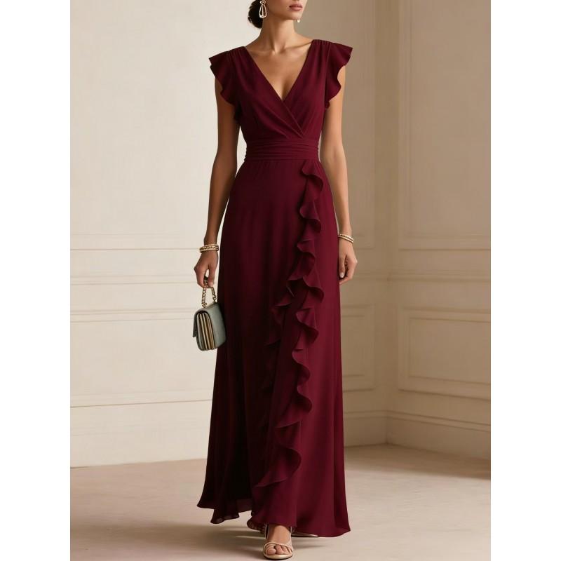 Elegant V-Neck Solid Color A-Line Midi Dress Women Sophisticated Wrap Detail Sleeveless Occasion
