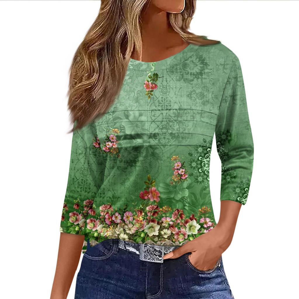Loose Casual 34 Womens Fashion Sleeve Striped Printed Round Neck Top