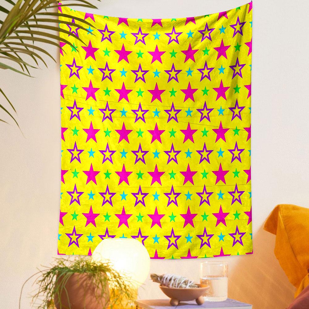 Vibrant Star Pattern on Yellow Background Patterned Tapestry Decorative Wall Hanging, Home Bedroom Living Room Decor