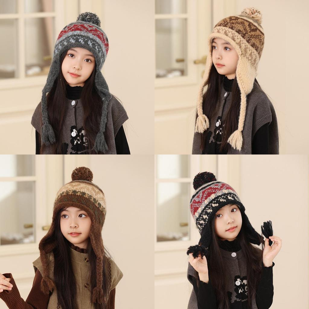 Kids Winter Knit Earflap Hat With Pom Pom For Outdoor Snow Play And Cold Weather
