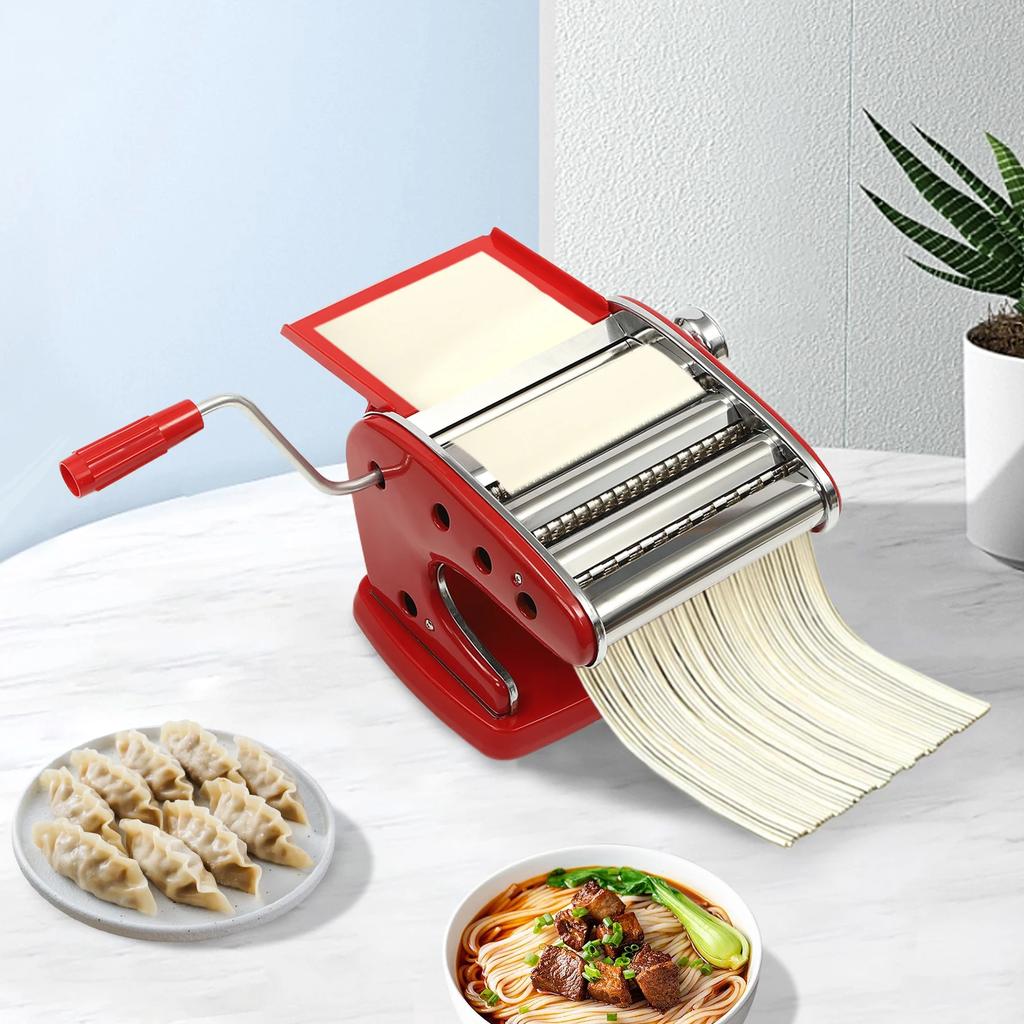Pasta Maker Machine, Manual Noodle Maker with 3 Blades, 6 Adjustable Thicknesses, Red Stainless Steel, Ergonomic Handle,