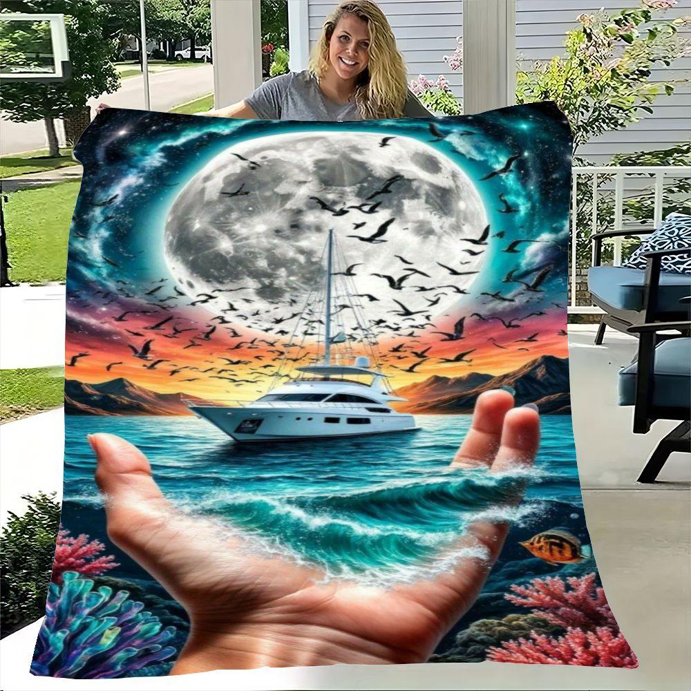 Surreal Landscape Art Throw Blanket - Vibrant Giant Hand Cupping Turquoise Ocean Waves with Sailboat & Full Moon Design, Soft Co