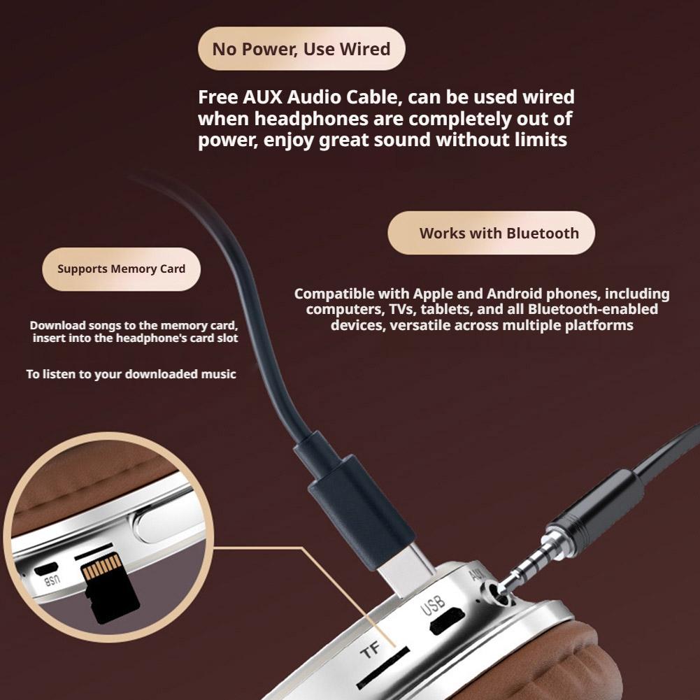 Retro Wireless Headphones Bluetooth 6.0 Hi-Res Audio Earphone Headset Built-in TF Card Slot Metal HiFi Headphones