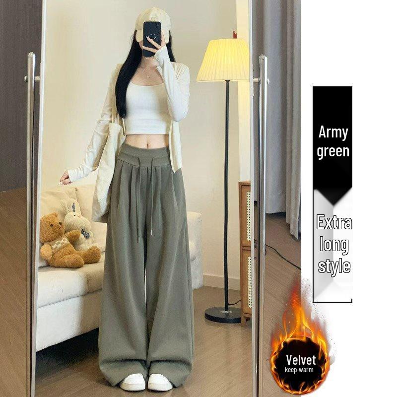 Women's Plus Velvet High-Waisted Wide-Leg Pants - Autumn/Winter Thickened Curve Drape Casual Wear