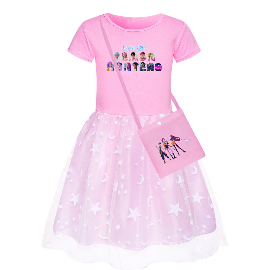 Kinder Mädchen Anime Cartoon POP Sängerin Super Star Rumi Zoey Mira Print Mesh Regenbogen Rundhals Lässiges Baumwollkleid