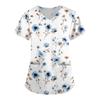 Women V Neck Printed Short Sleeve Loose Fit Scrub Top with Pockets for Nurses Caregivers Work Uniform Shirt