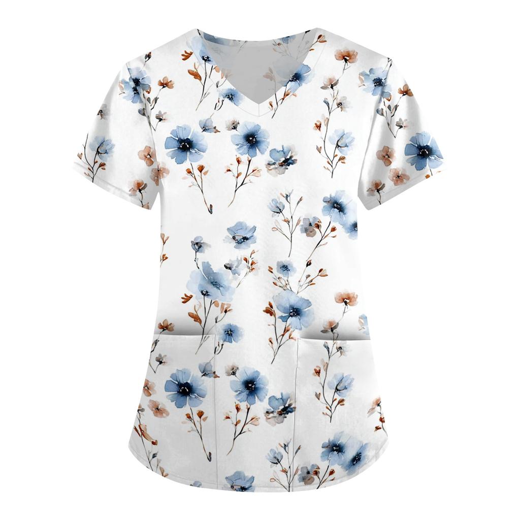 Women V Neck Printed Short Sleeve Loose Fit Scrub Top with Pockets for Nurses Caregivers Work Uniform Shirt