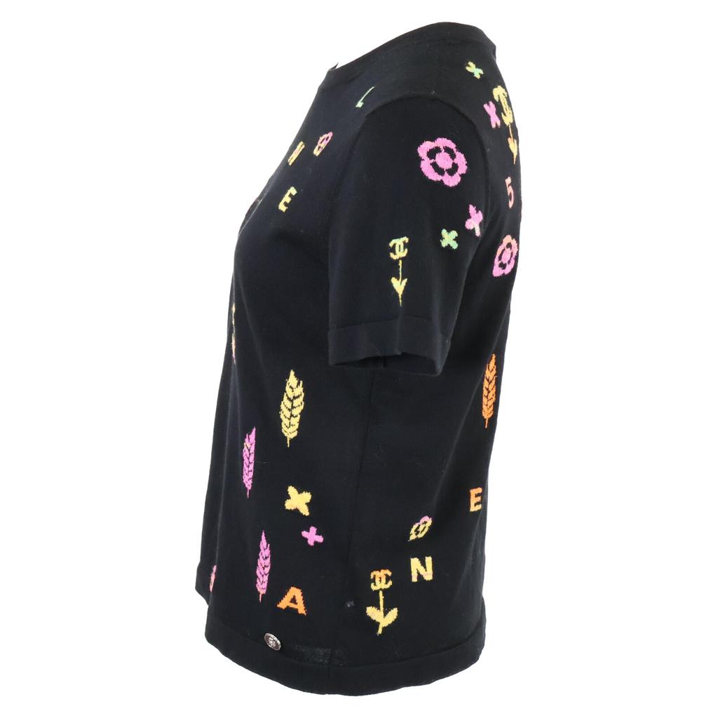 CHANEL Good condition, genuine Japanese product, P72160K10373, 22P, multi-logo icon cotton knit T-shirt tops 34 blackUsed