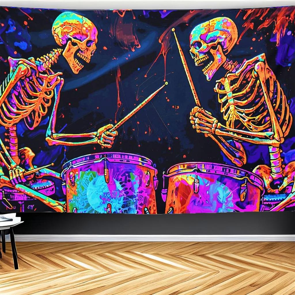 CJSLIFEART Blacklight Skull Tapestry Percussion Small Concert Fluorescent Starry Sky Bedroom Tapestry Background Wall Decoration