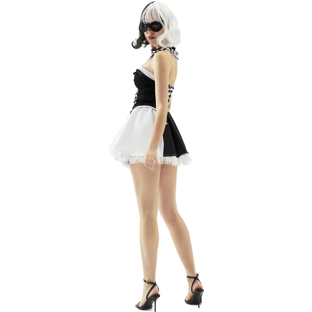 S-XL Cruella De Vil Black White Plaid Witch Queen Halloween Circus Party Costume
