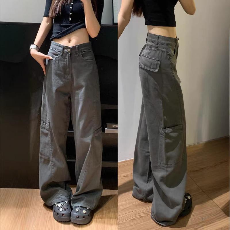 

Retro Gray Wide Leg Overalls Women s Spring New Loose Straight Jeans 4XL сірий