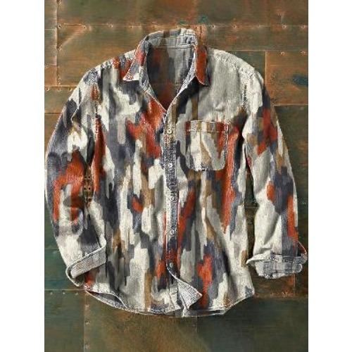 Retro-style Colour-block Print Men’s Long-sleeved Button-down Shirt