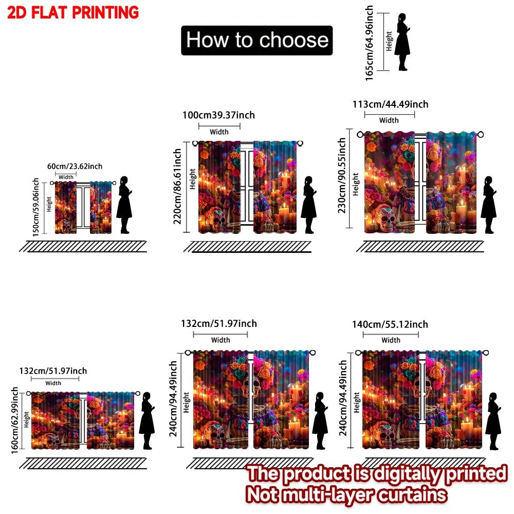Skull Flower Crown Curtains Digital Printing Sugar Marigold Candle Pattern Day Dead Theme Room Decor Set Of 2 Made Polyester