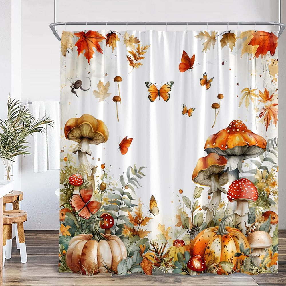 Autumn Pumpkin Shower Curtain Harvest Season Maple Leaf Scarecrow Flower Wooden Plank Barn Farmhouse Bath Decoration With Hook