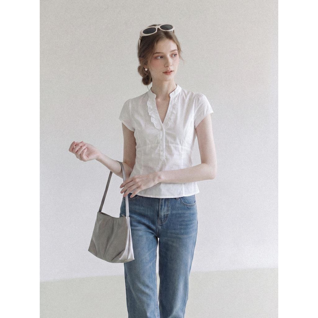 White ruffle V-neck button-down short-sleeved shirt women's summer design sense slim-fitting beautiful small top