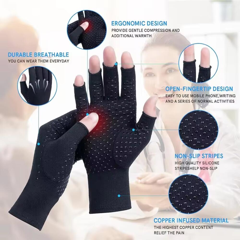 1 Pair Compression Gloves Hand Copper Arthritis Gloves Joint Pain Relief Half Finger Anti-slip Therapy Gloves For Womens Mens