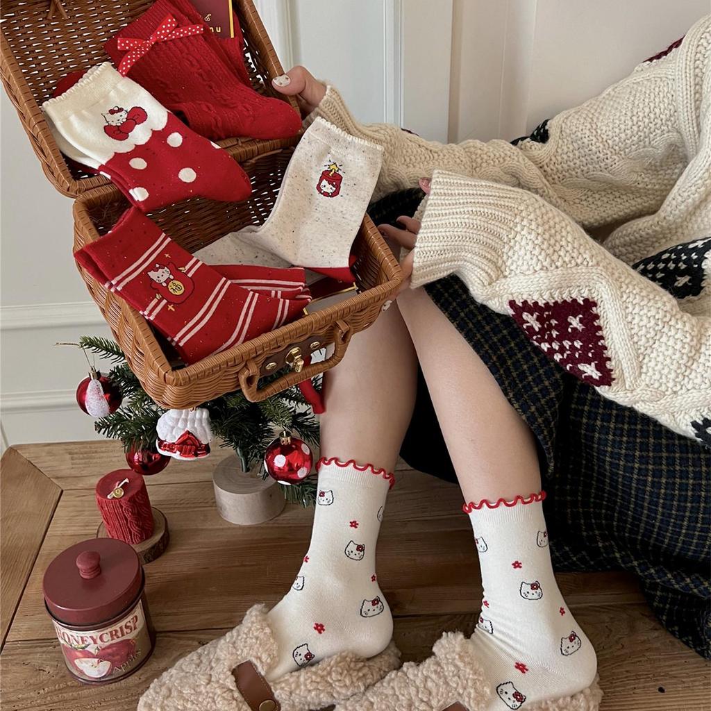2025 Year of the Snake Red Cat Bow Women's Christmas Socks - Pure Cotton, Kitty Design for Autumn and Winter