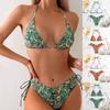 Printed Lace Strap Neck Two Piece Swimsuit Women Low Cut Sexy Bikini Stretch Beach Bathing Suit for Summer Vacation