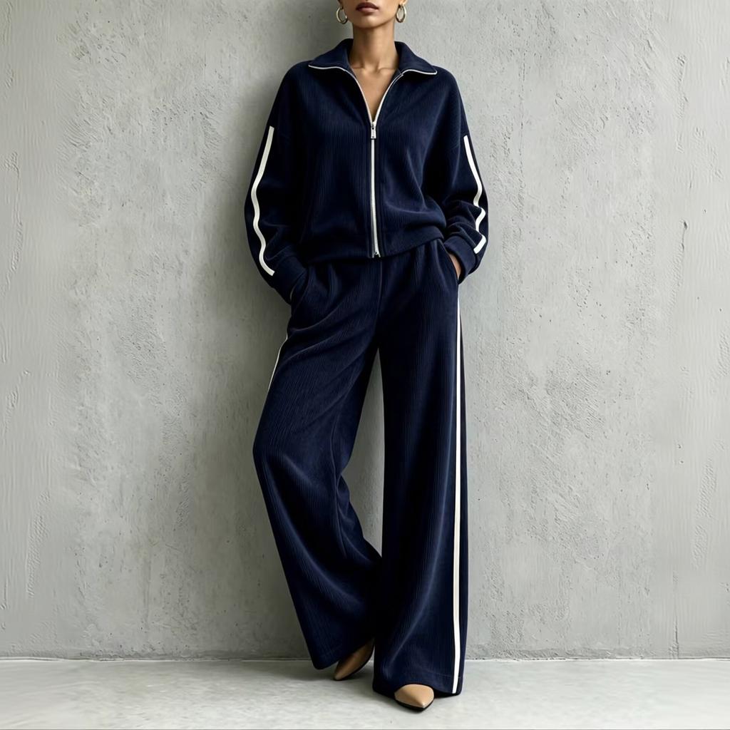 Women's Corduroy Two Piece Set with Casual Zip Up Jacket and High Waisted Wide Leg Pants
