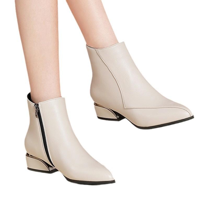 Short boots women's new autumn pointed middle heel warm and ankle leather boots 35-41