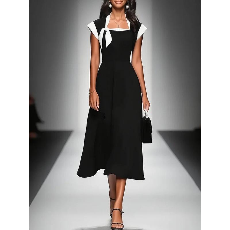 European and American elegant retro square collar contrasting color dress bow decoration S